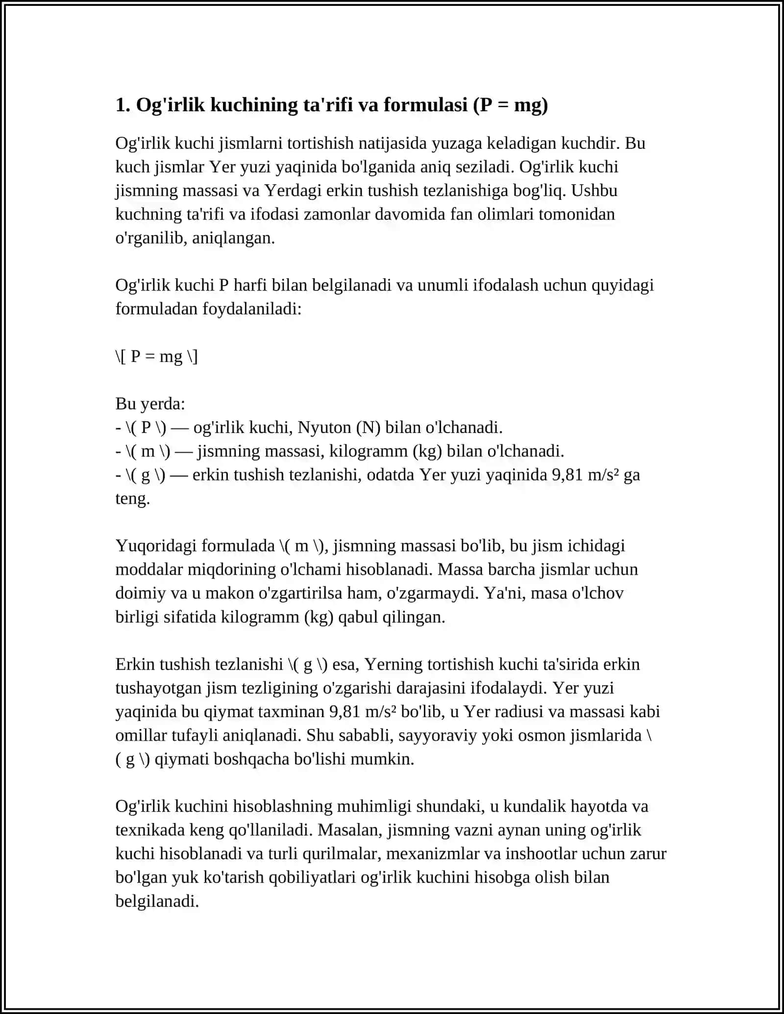 OG'IRLIK KUCHI VA OG'IRLIK. VAZNSIZLIK HOLATI 3