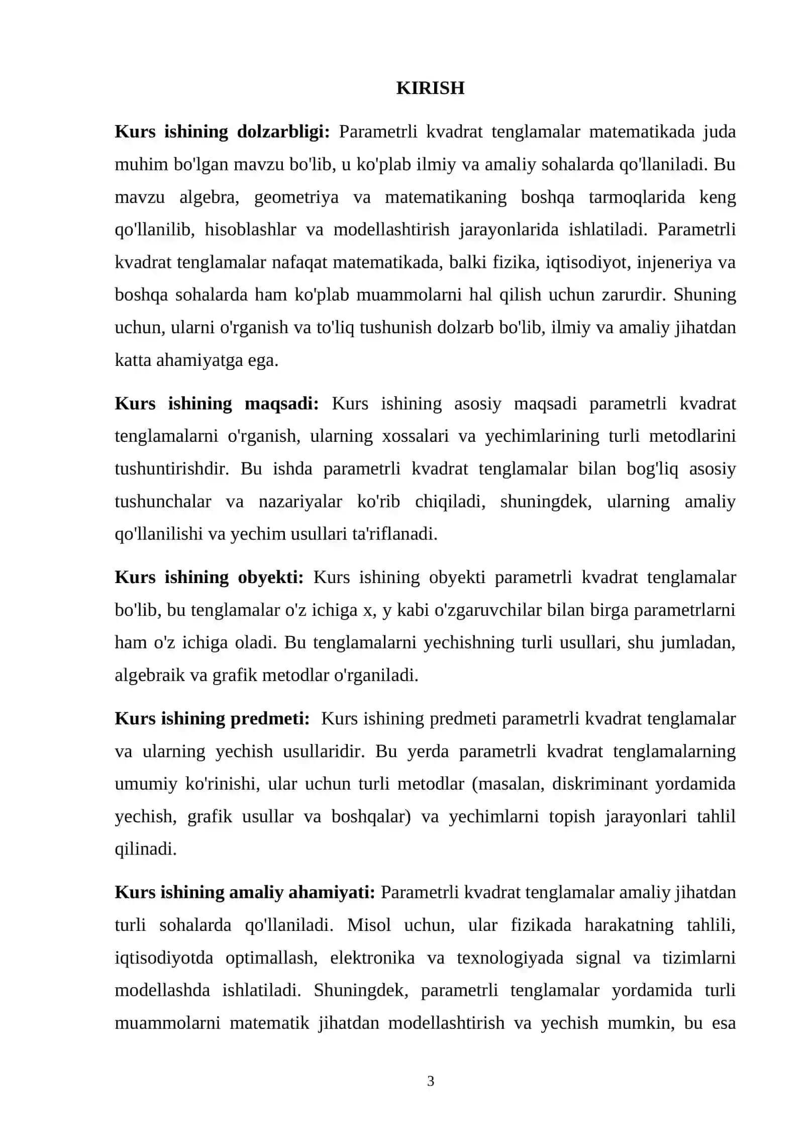 PARAMETRLI KVADRAT TENGLAMALAR MAVZUSINI ÒQITISH KURS ISHI 3