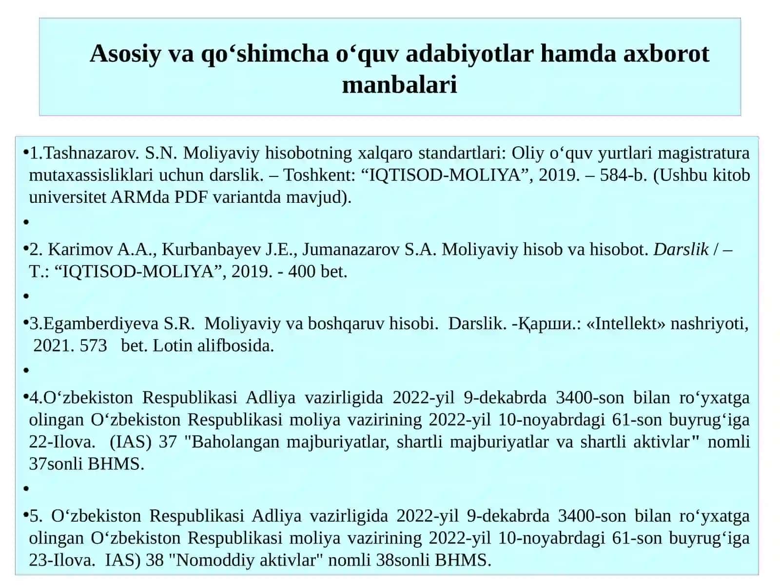 NOMODDIY AKTIVLAR, REZERVLAR, SHARTLI MAJBURIYATLAR VA AKTIVLARNI MOLIYAVIY HISOBOTDA AKS ETTIRISH QOIDALARI. (MHXS (IAS, IFRS) 37, 38) 3
