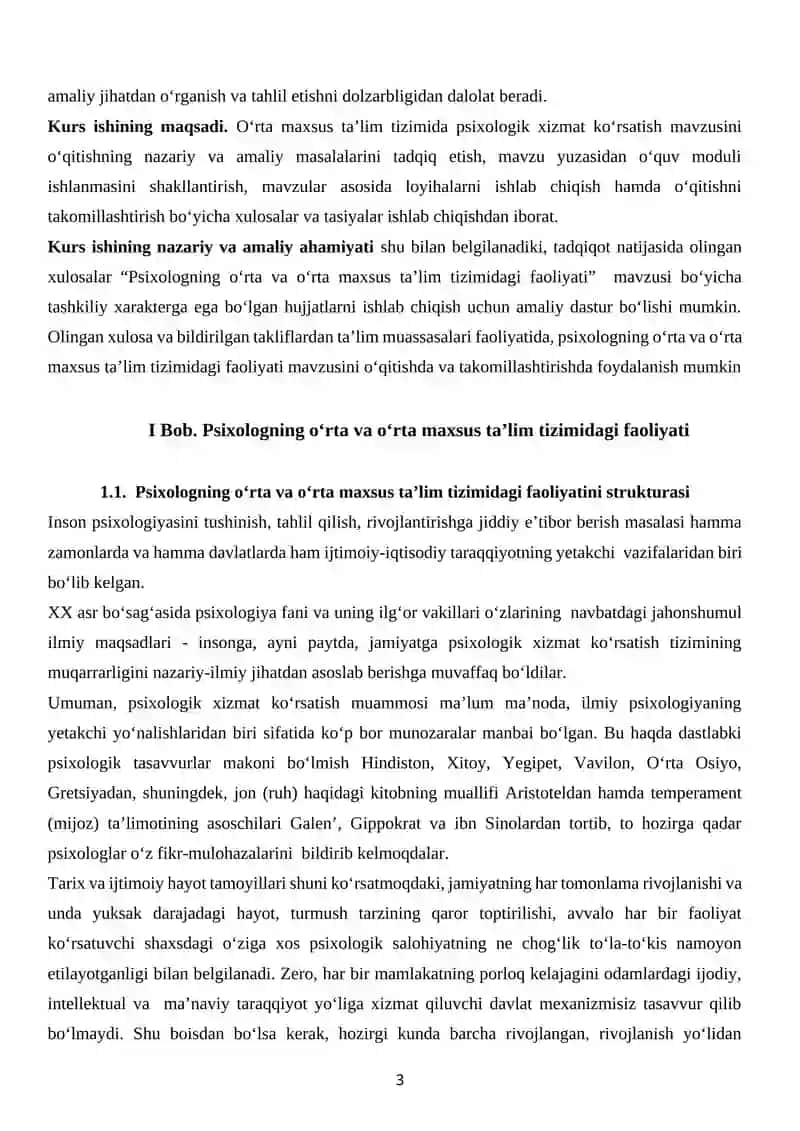 Psixologning O'rta va O'rta Maxsus Ta'lim Tuzimidagi Faoliyati Kurs Ishi 3
