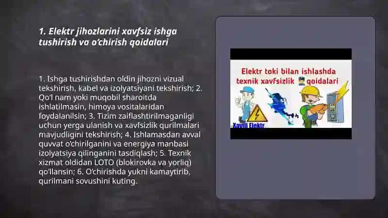 Elektr jihozlarini ishlatishda texnik xavfsizlik qoidalariga rioya qilish 3