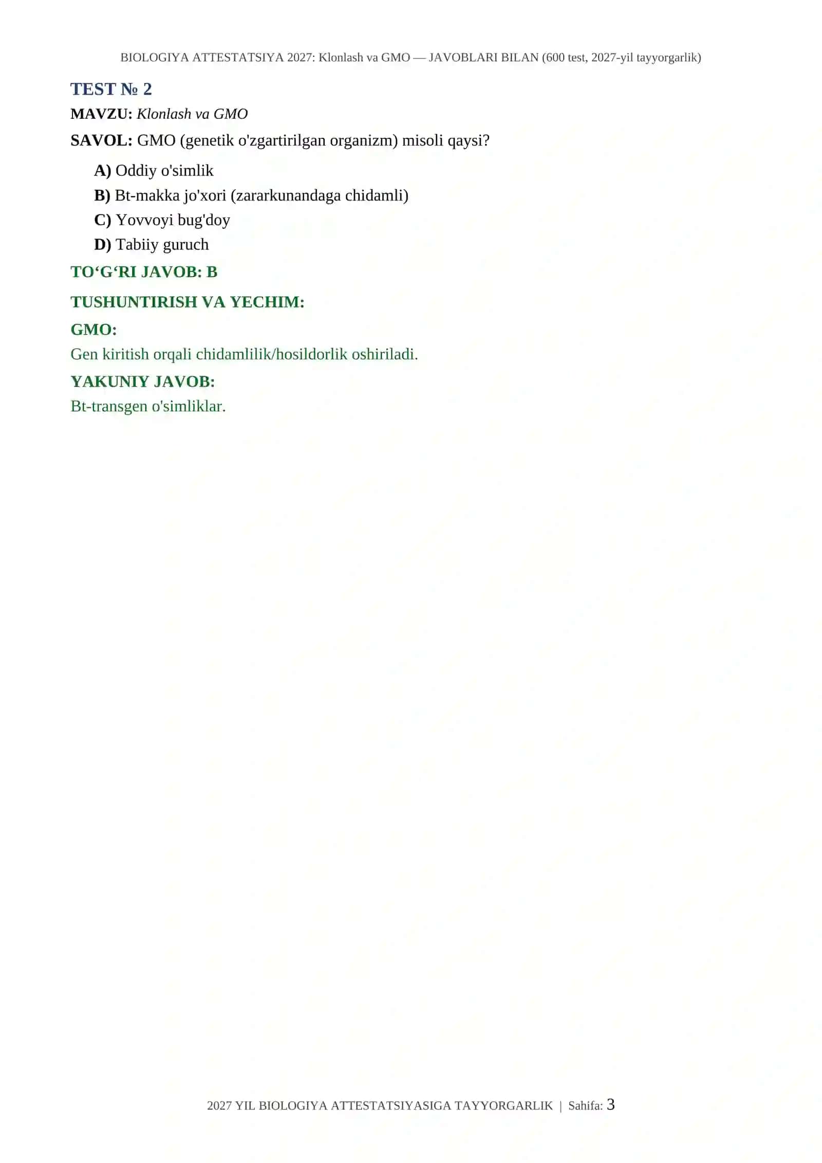 BIOLOGIYA ATTESTATSIYA 2027: Klonlash va GMO — JAVOBLARI BILAN (600 test, 2027-yil tayyorgarlik) 3