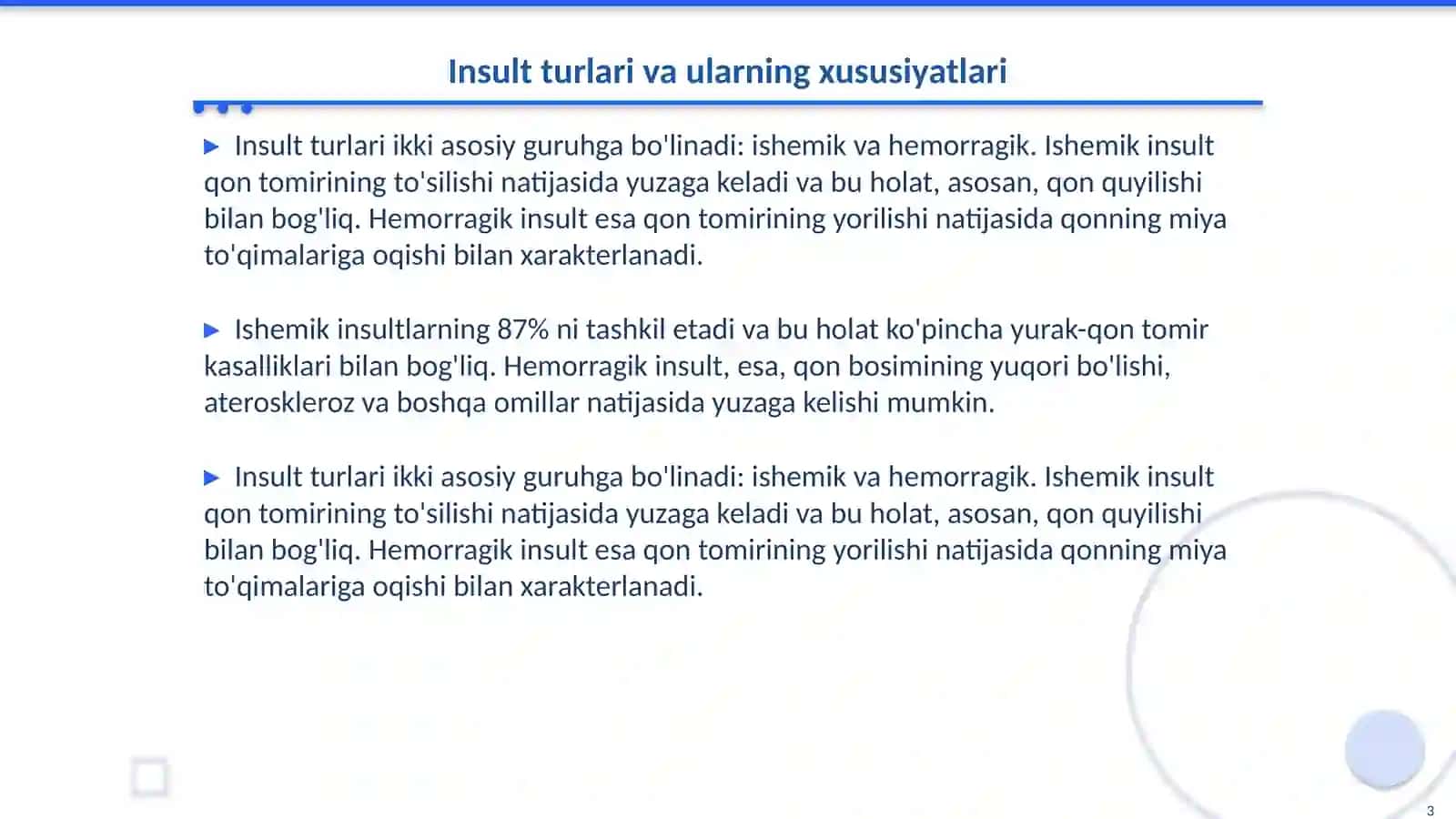 Insult turlari, fast metodi, xavf omillari, tabiiy o'simliklar bilan davolash, insultni grafik statistikasi va insult bilan og'rigan bemorlarni davolash va hamshiralik parvarishi 3