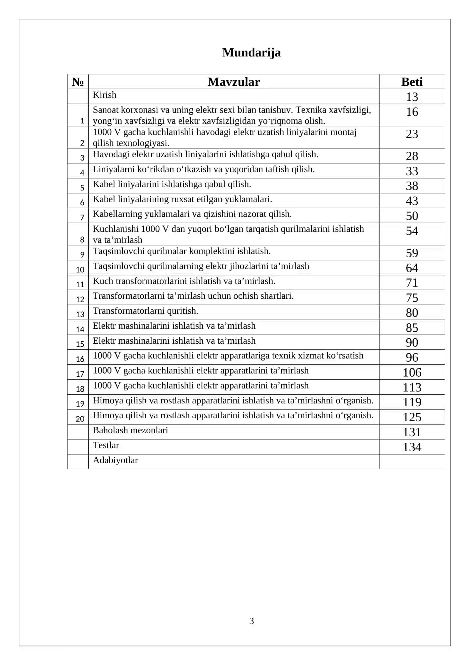 Elektr stansiyalari va podstansiyalari,elektr tarmoqlari elektr jihozlariga texnik xizmat ko‘rsatish va tamirlash o‘quv amaliyotidan O’QITISH MATERIALLARI 3