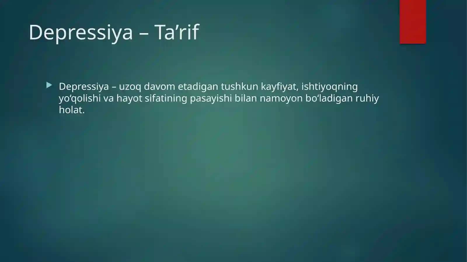 Bemorlarning ruhiy holati "Depressiya, shok, suitsidal fikrlash 3