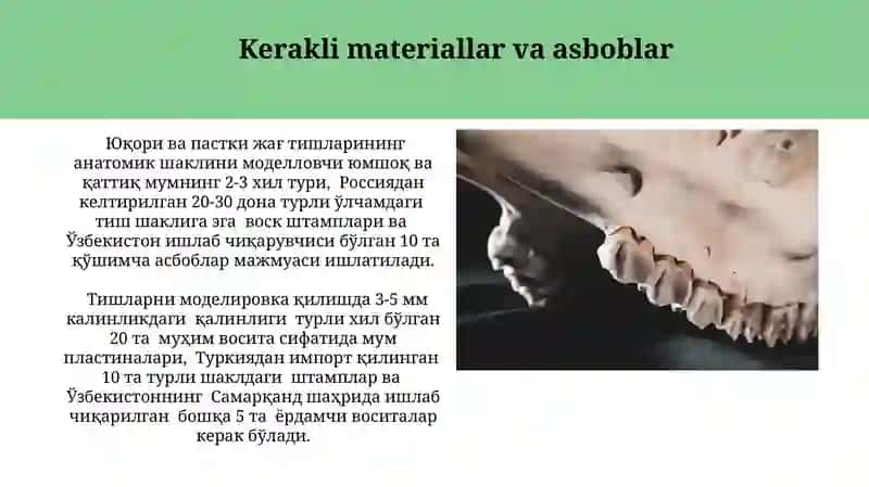 Yuqori va pastki jagʻ tishlarining anatomik shaklini mumdan modellashtirish 3