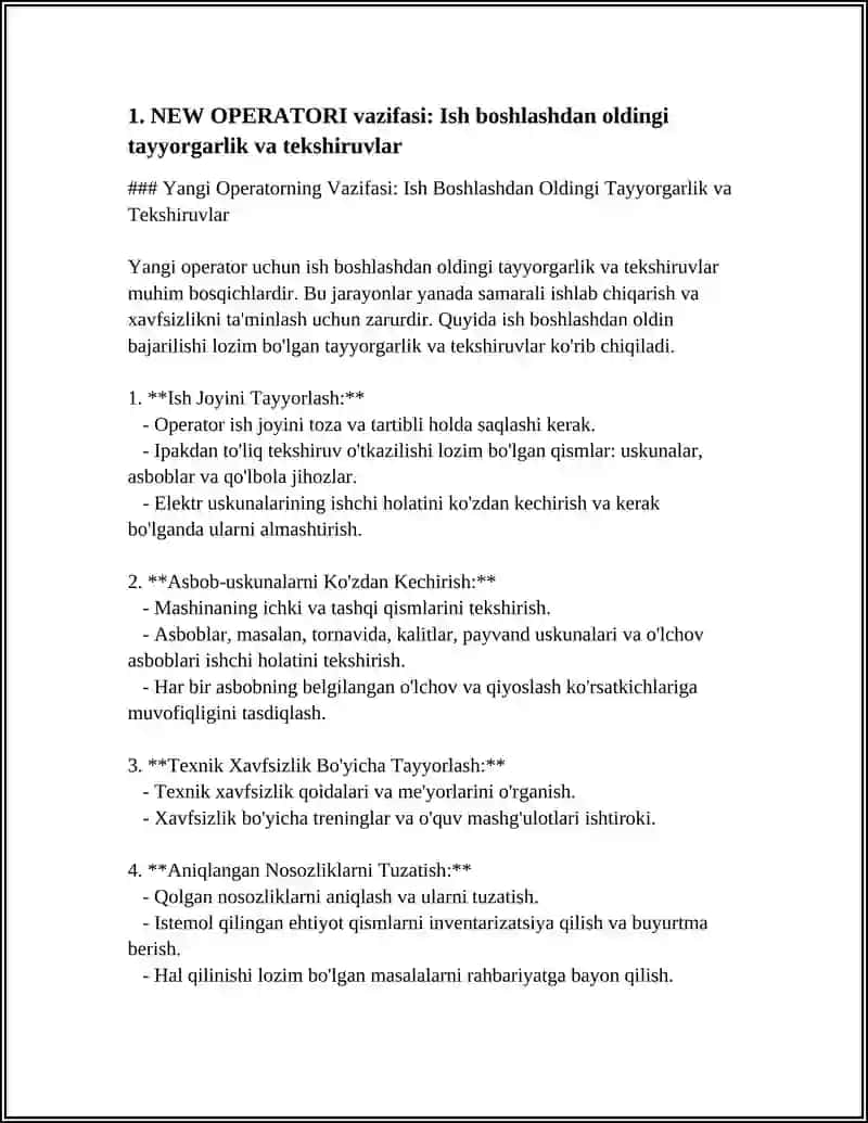Yangi Operatorning Vazifasi: Ish Boshlashdan Oldingi Tayyorgarlik va Tekshiruvlar 3