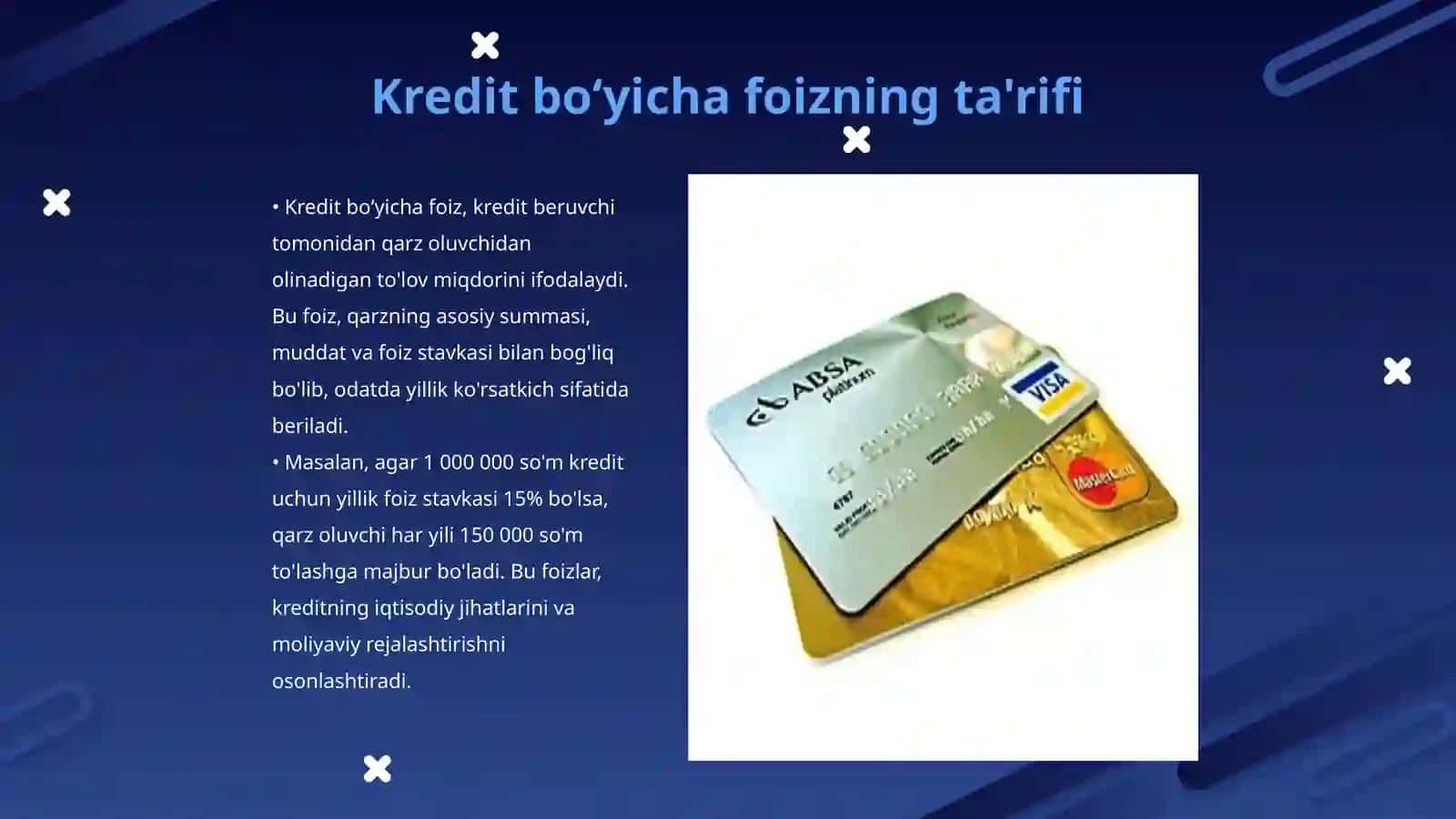 Kreditlar boʻyicha foiz hisoblash tartibi va Kredit foiz turlari 3