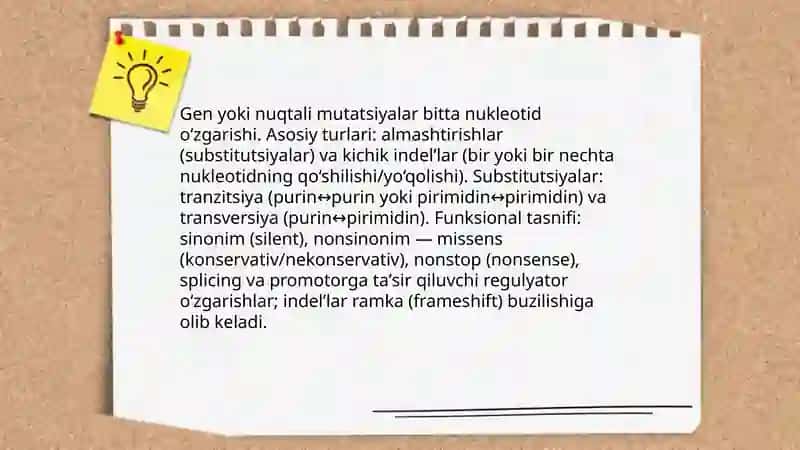 Gen yoki nuqtali mutatsiyalar. Mutatsiya va DNK reparatsiyasining molekulyar mexanizmlari 3