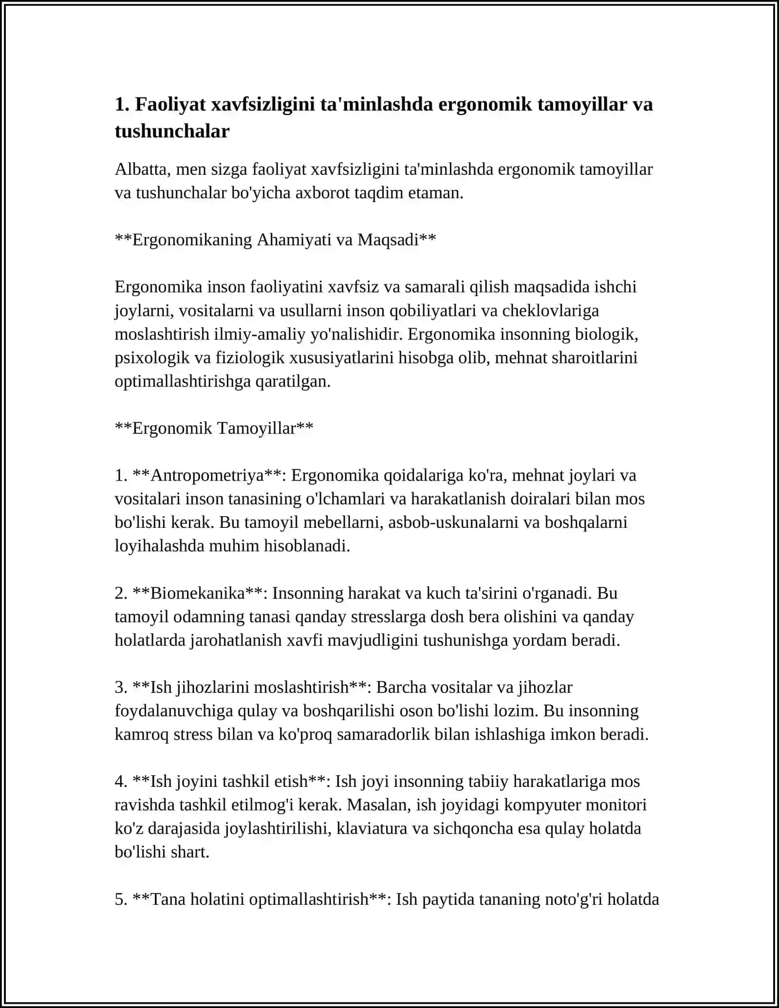 FAOLIYAT XAVFSIZLIGINI TA'MINLASHNING ERGONOMIK KO'RSATKICHLARINI TAHLIL QILISH 3