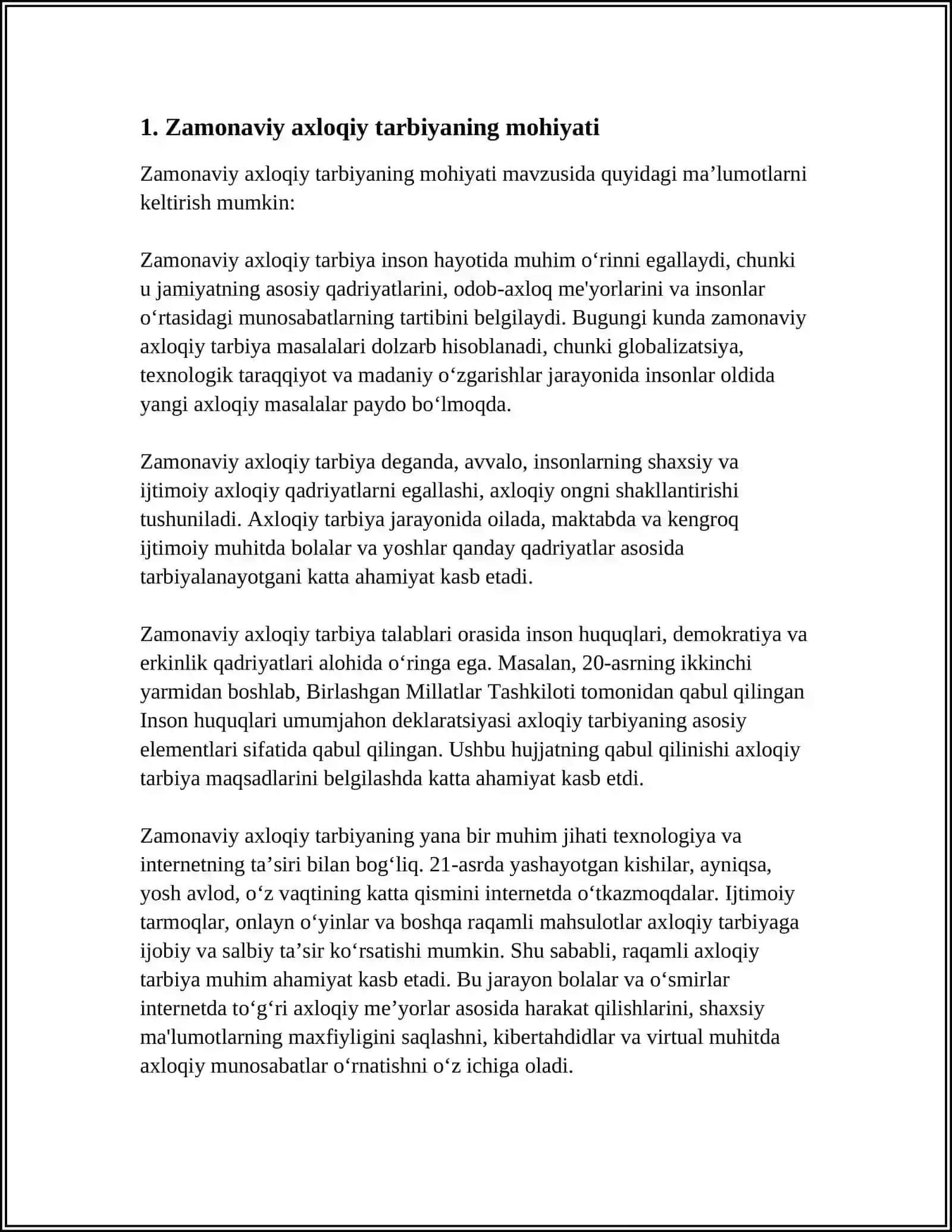 ZAMONAVIY AXLOQIY TARBIYANING YUTUQLAR VA KAMCHILIKLARI MAVZUSIDA ESSE TAYYORLASH 3