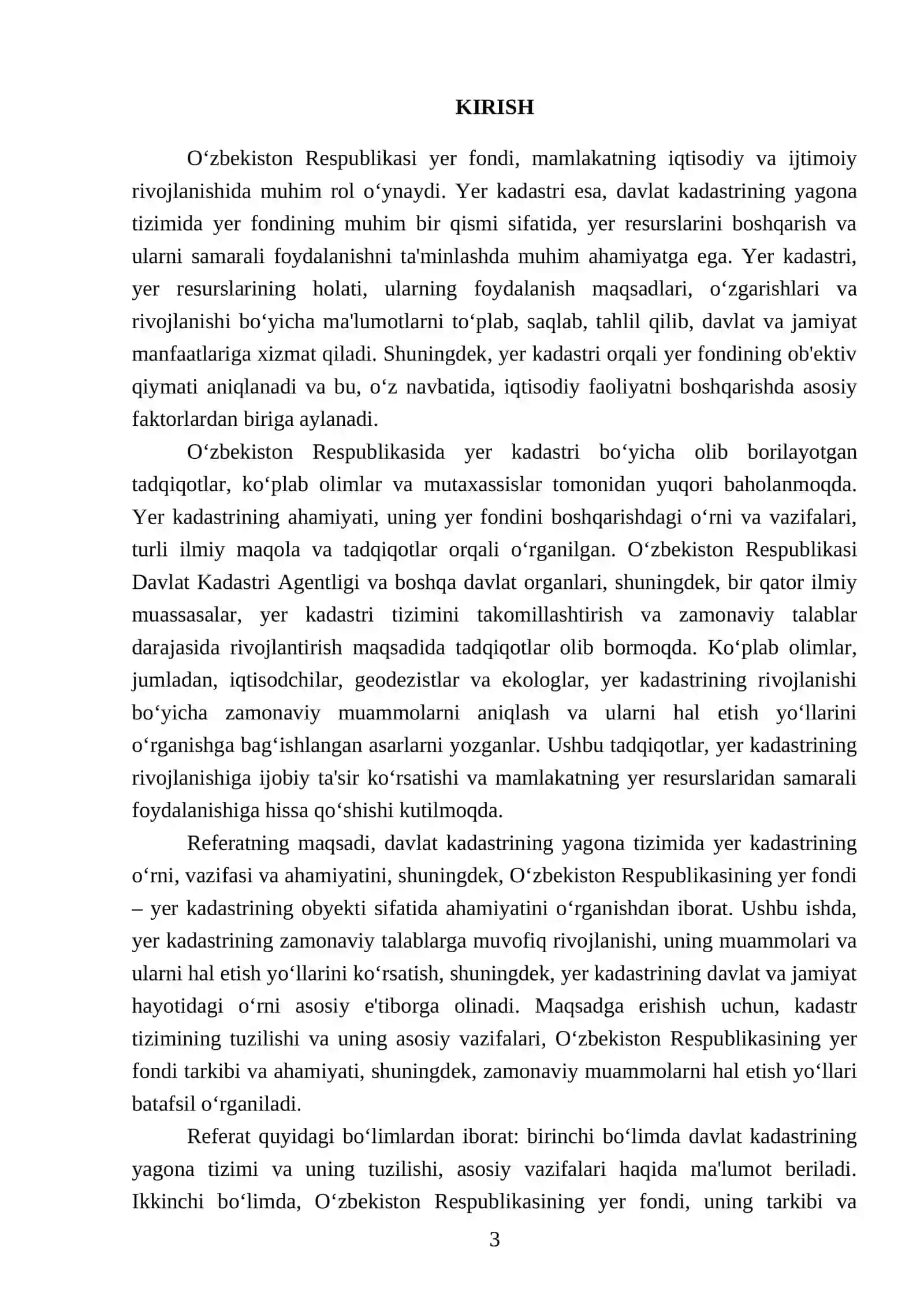 Davlat kadastrining yagona tizimida yer kadastrining o‘rni, vazifasi va ahamiyati 3