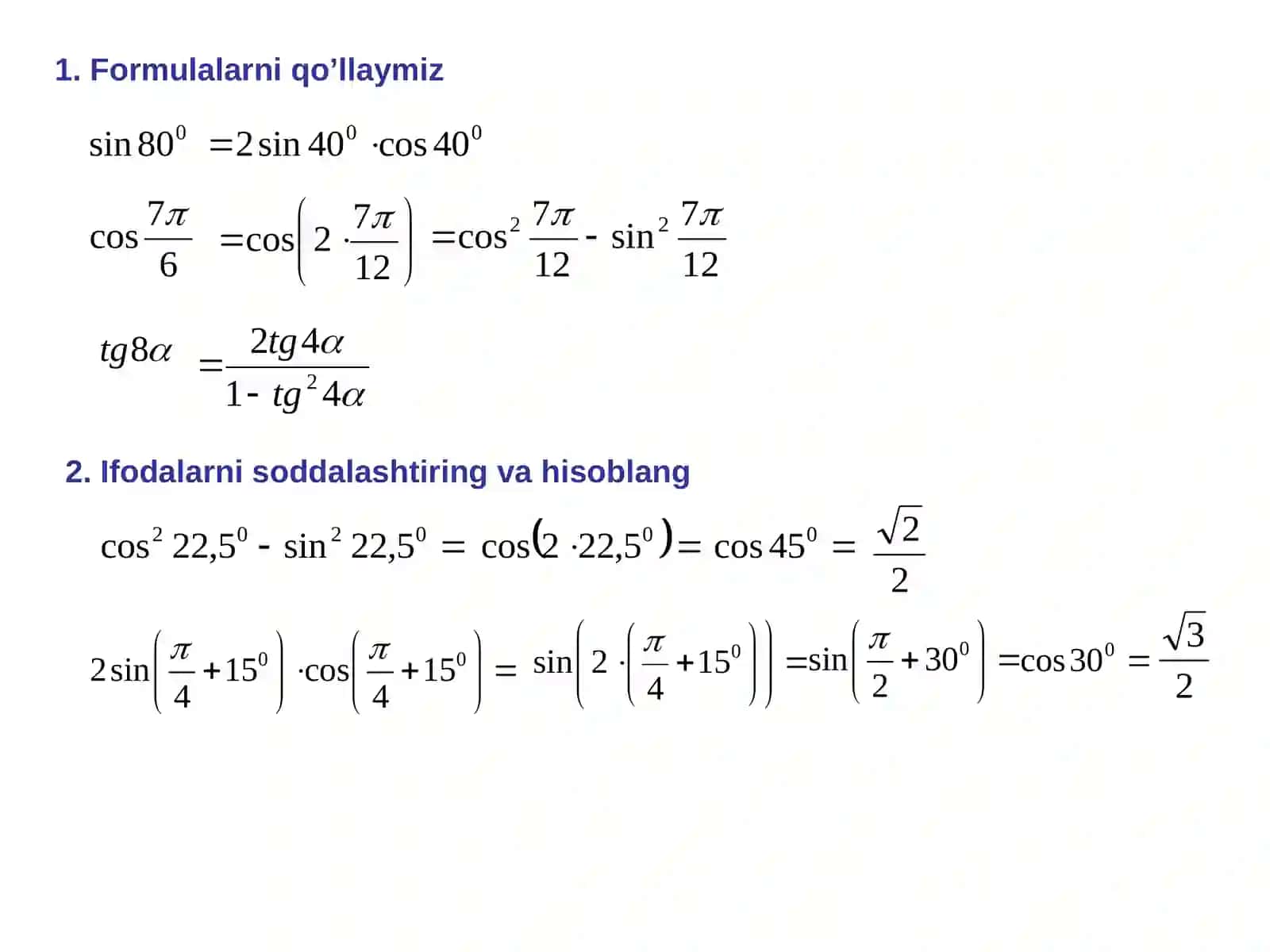 Yarim burchak formulalari 3