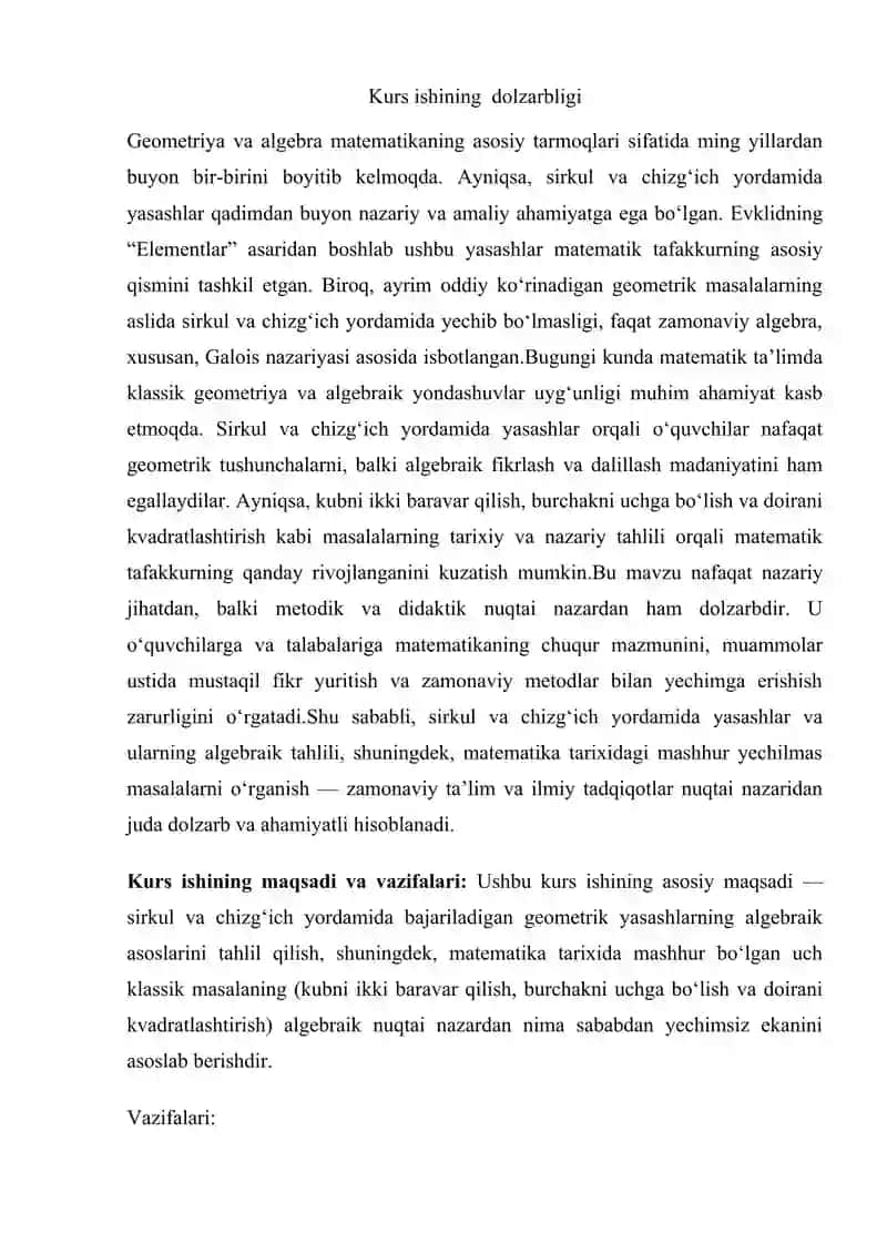 Sirkul va chizgʻich yordamida yasashlarning algebraik metodi.Matematika tarixidagi uch qiziqarli masala. 3