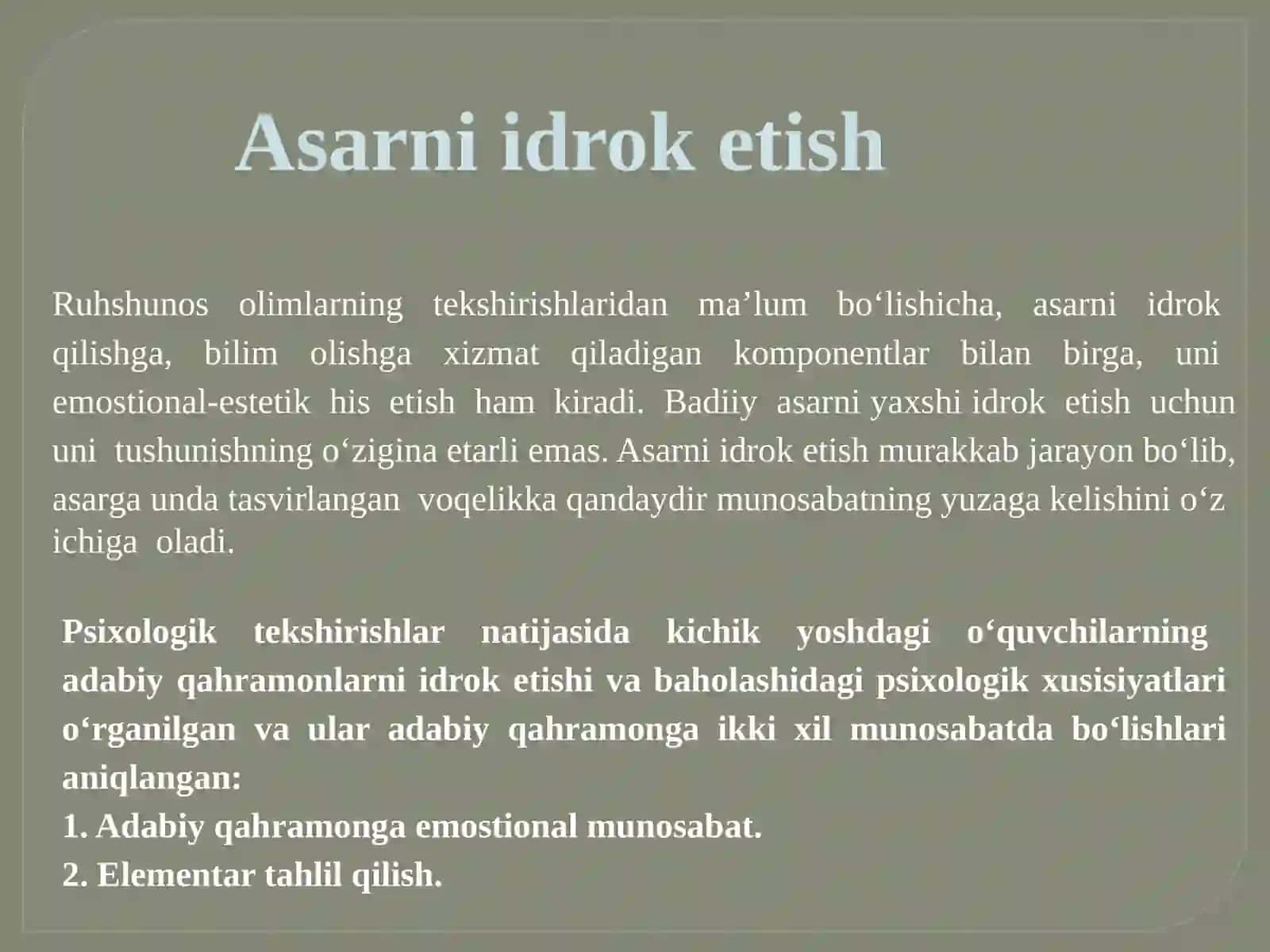 2-MA’RUZA. BOSHLANG‘ICH SINFLARDA BADIIY ASARNI TAHLIL QILISHNING ADABIY ASOSLARI 3