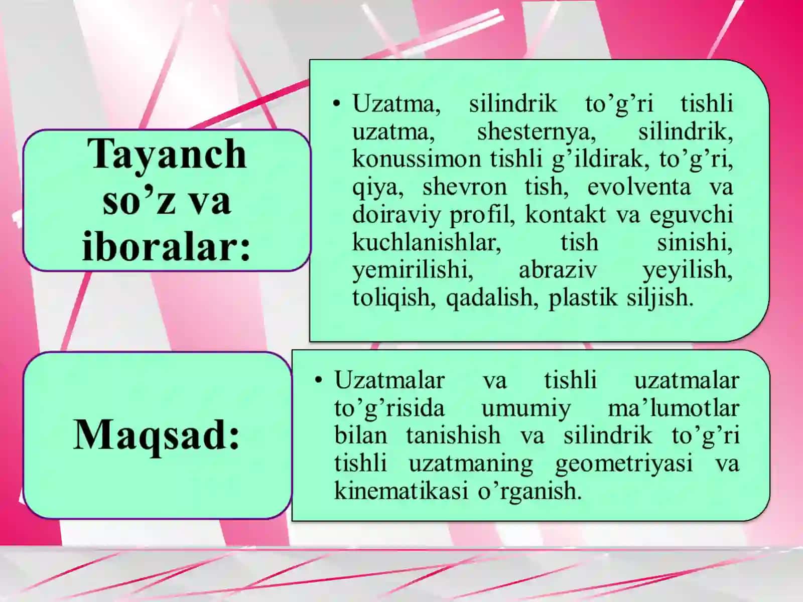 Tishli uzatmalar xaqida umumiy ma`lumotlar.To’g’ri tishli silindrsimon g’ildiraklarni mustahkamlikka hisoblash. Qiya va shevron tishli silindrik uzatmalarni hisoblashning o`ziga xos xususiyatlari 3