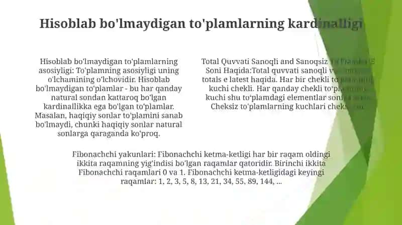 Toplam Quvvati Sanoqli Va Sanoqsiz To'Plamlar E Soni Haqida Va Fibonachchi Sonlar 3
