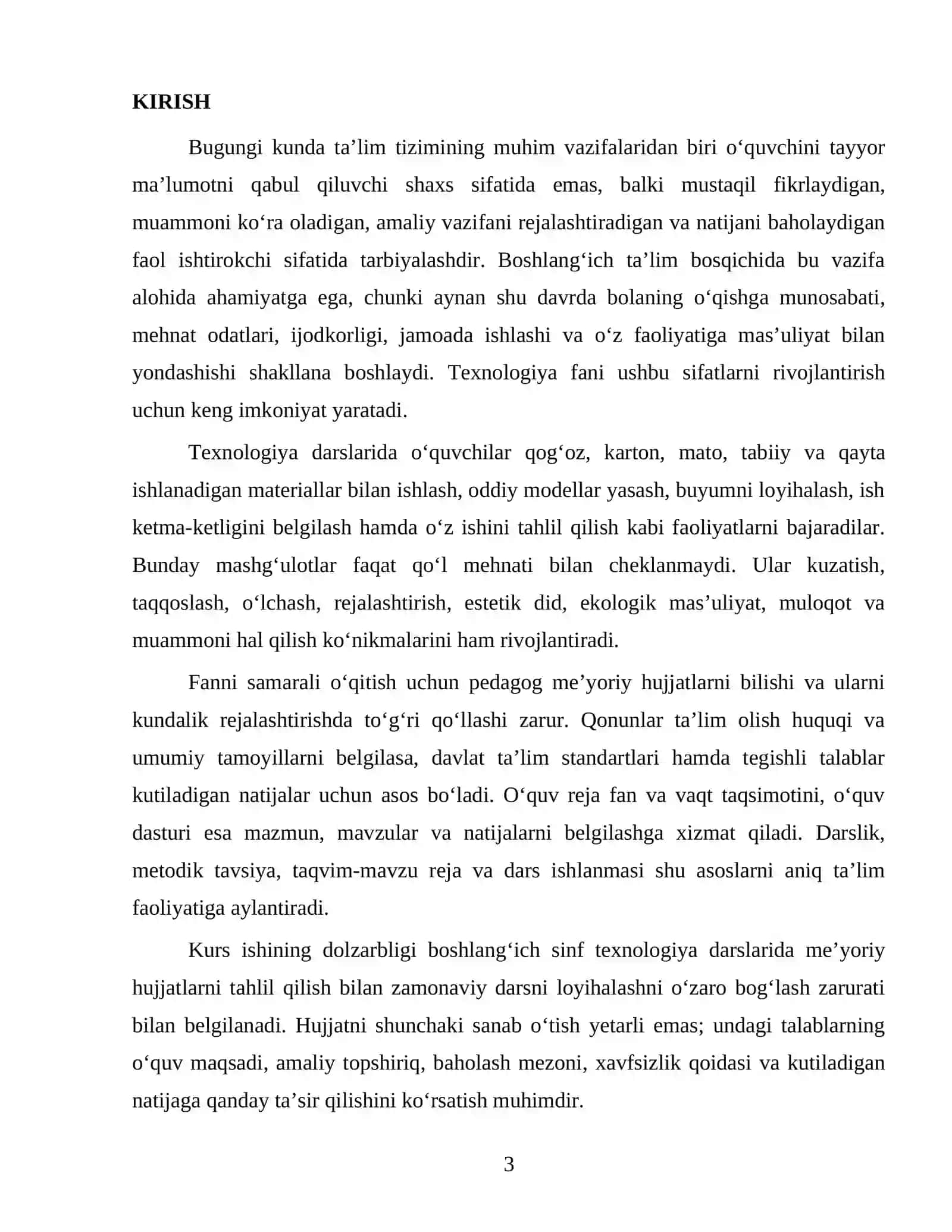 Boshlang‘ich sinflarning texnologiya fanidan me’yoriy hujjatlar tahlili va zamonaviy dars ishlanma tayyorlash 3