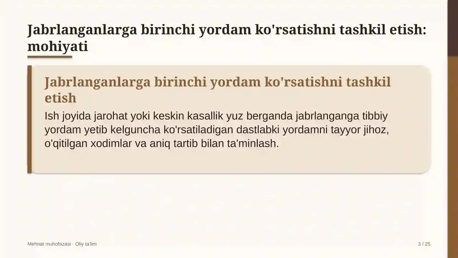 Byudjet tashkilotlarida jabrlanganlarga birinchi yordam ko'rsatishni tashkil etish 3