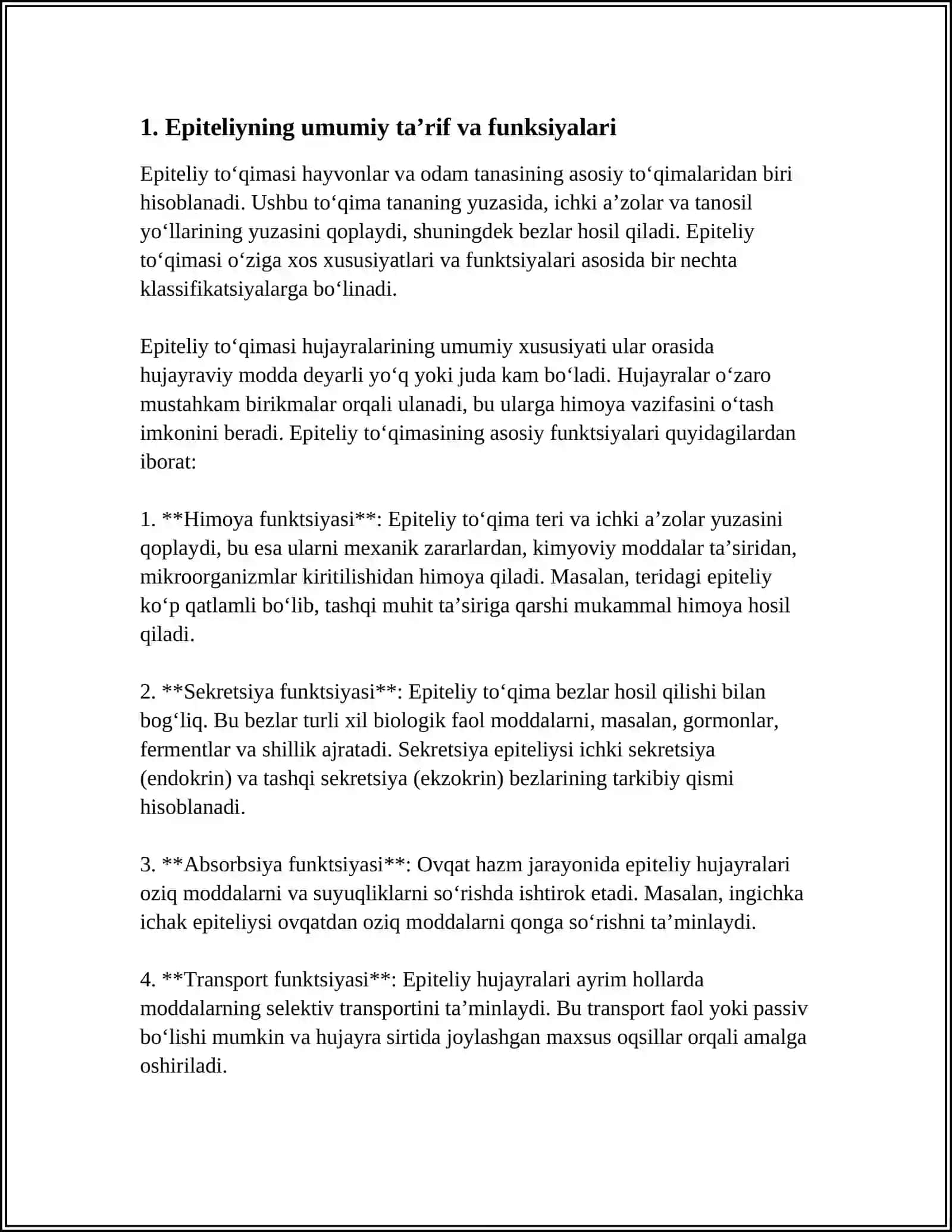 EPITELIY TOʻQIMASI OʻZIGA XOS XUSUSIYATLARI VA KLASSIFIKATSIYASI 3