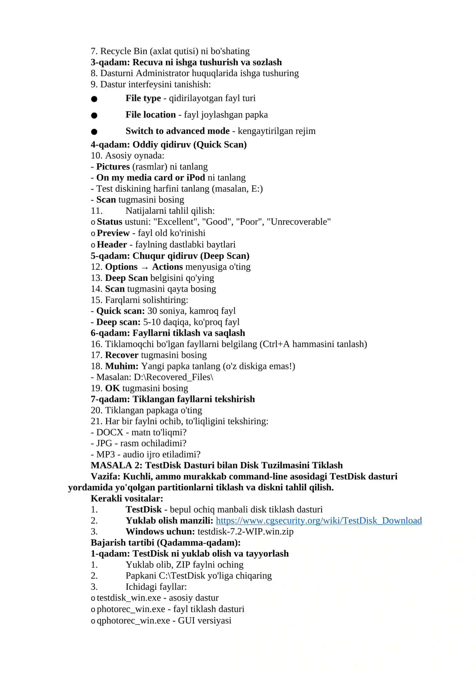 MA'LUMOTLARNI TIKLASH DASTURLARI (RECUVA, TESTDISK) 3