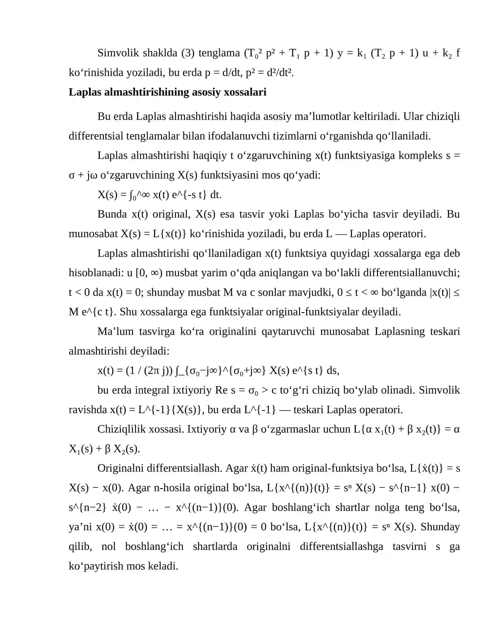 Operator tasvirlari va differentsial tenglamalar. Laplas almashtirishi va uzatish funktsiyasi 3