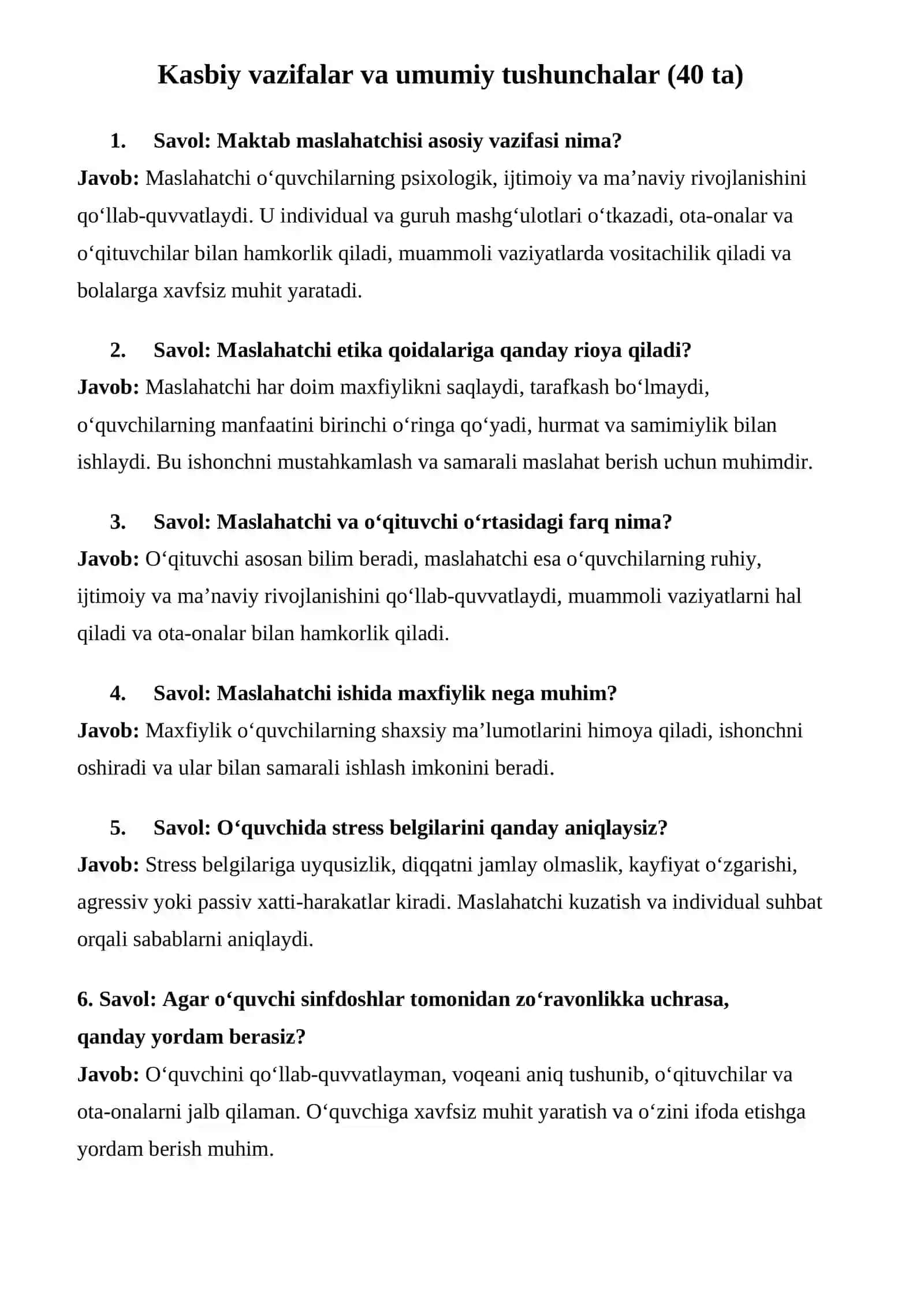 Maktab maslahatchisi. Suhbat savollari. Suhbat javoblari. 3