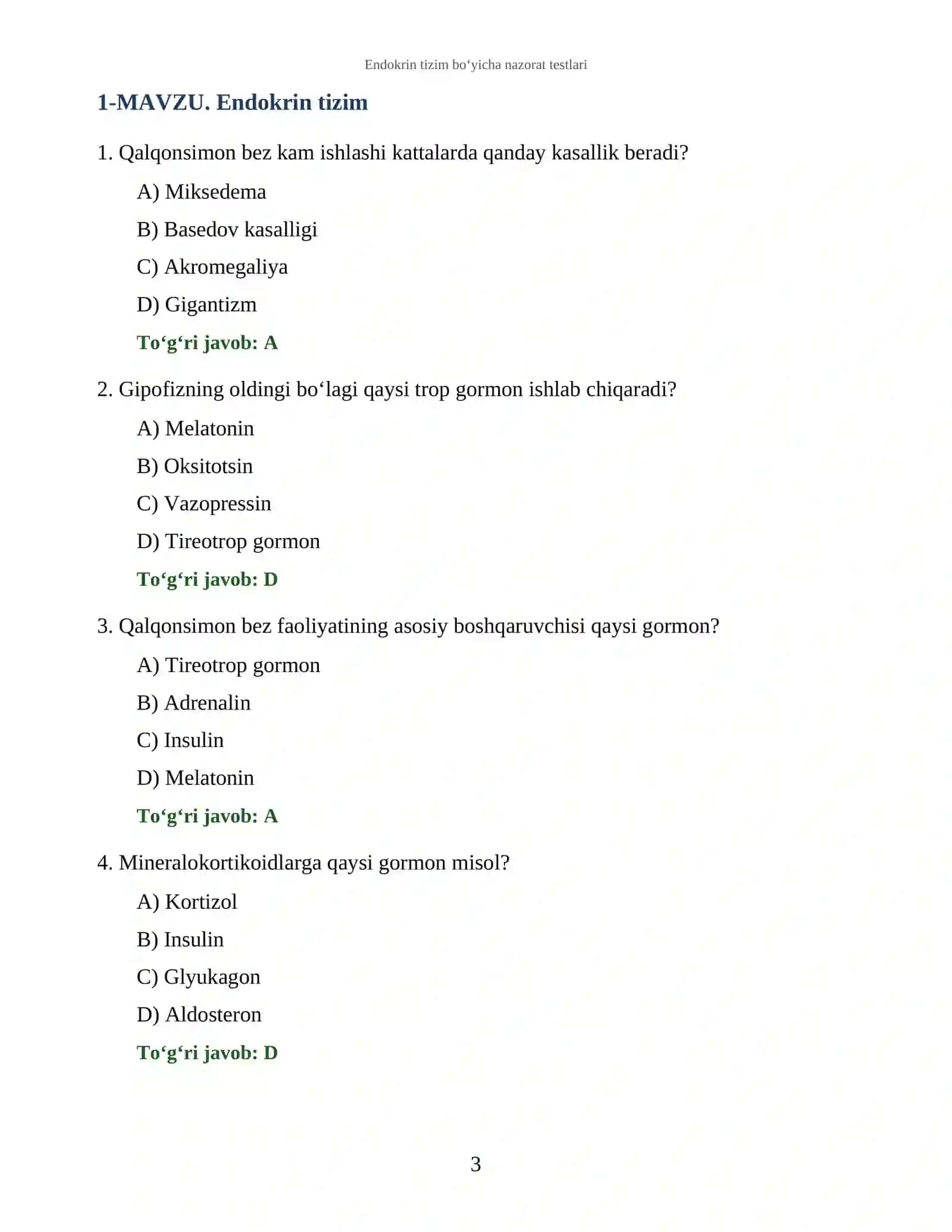 Endokrin tizim bo‘yicha nazorat testlari 3