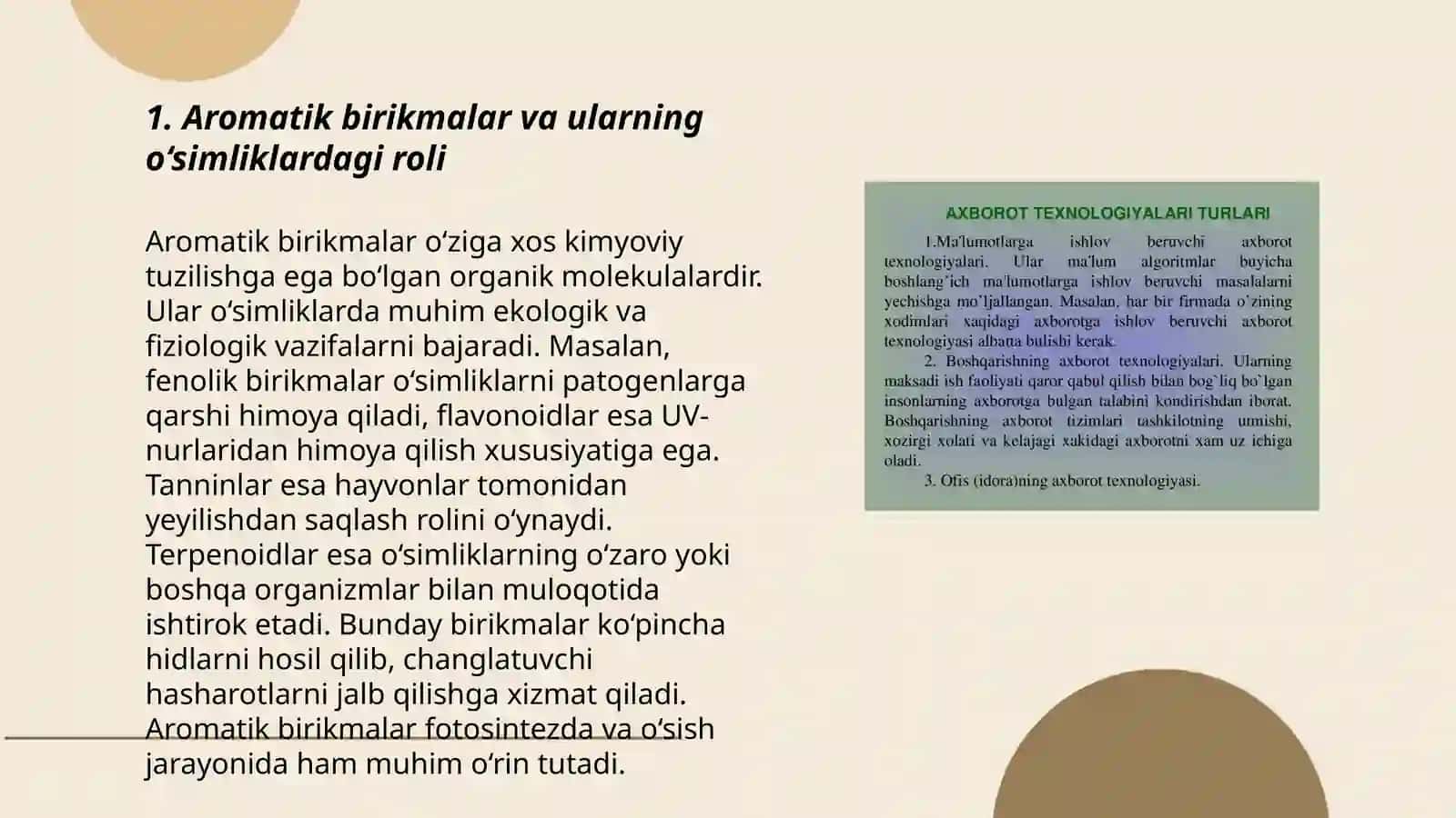 Aromatik birikmalar tarkibida xushboʻy birikmalarni saqlovchi dorivor oʻsimliklar va dorivor oʻsimliklar xom ashyolari 3