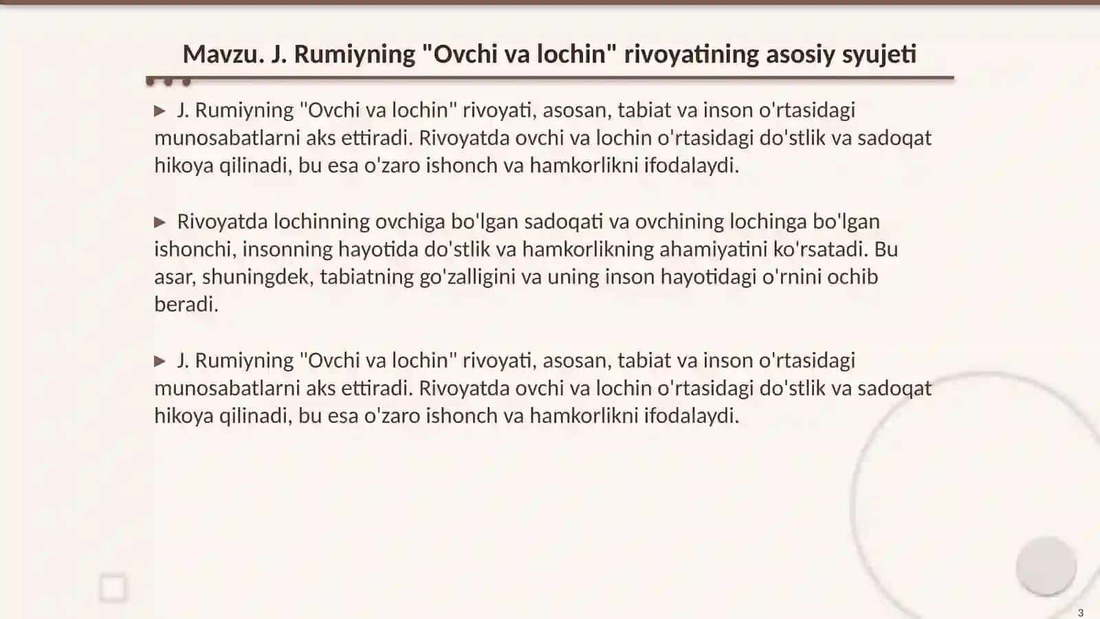 J. Rumiyning "Ovchi va lochin" rivoyati 3