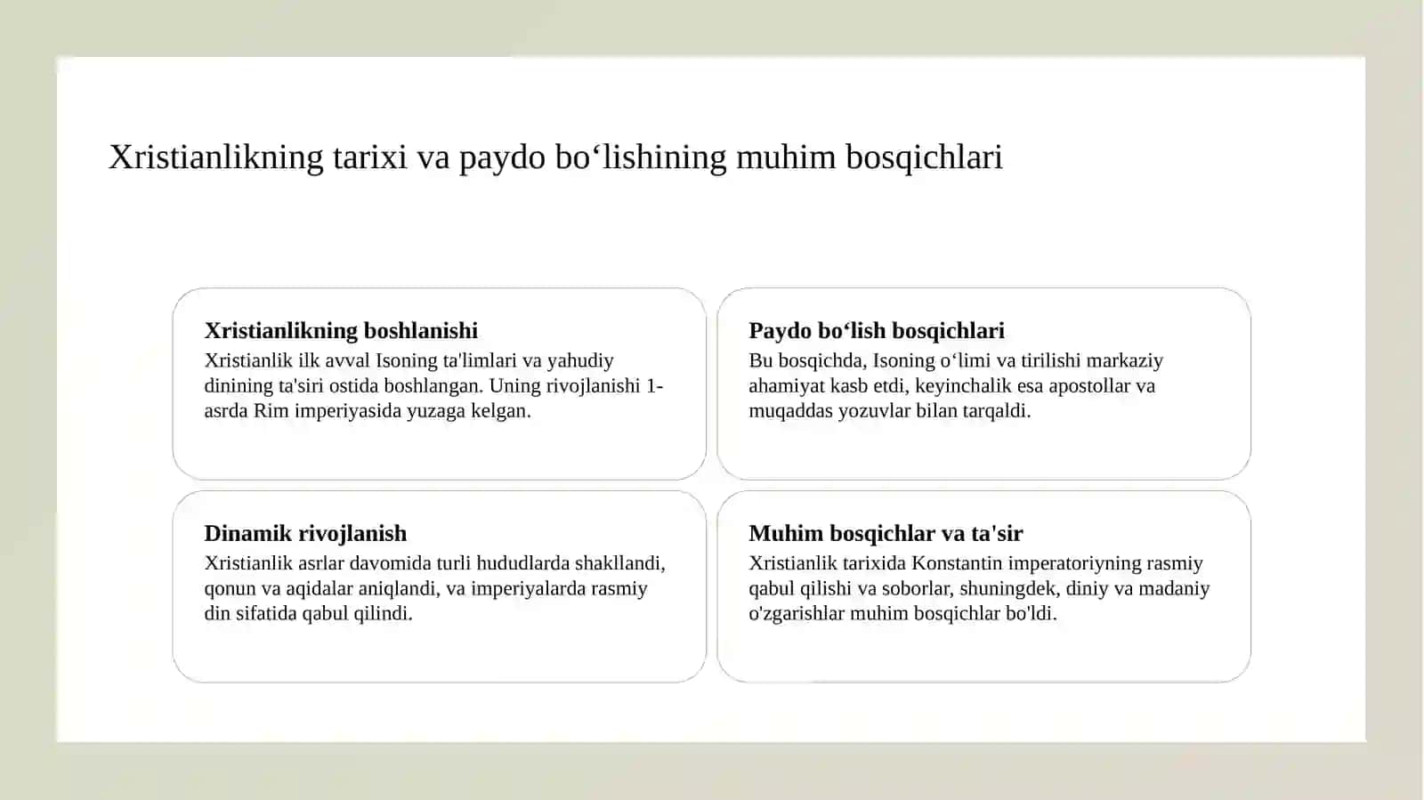 Xristianlikning paydo bo'lishi, aqidalari, asosiy yo'nalishlari, ta'limotlari va manbalarini o'rganish va ularning amaliy ahamiyatini tahlil qilishni o'rganish 3