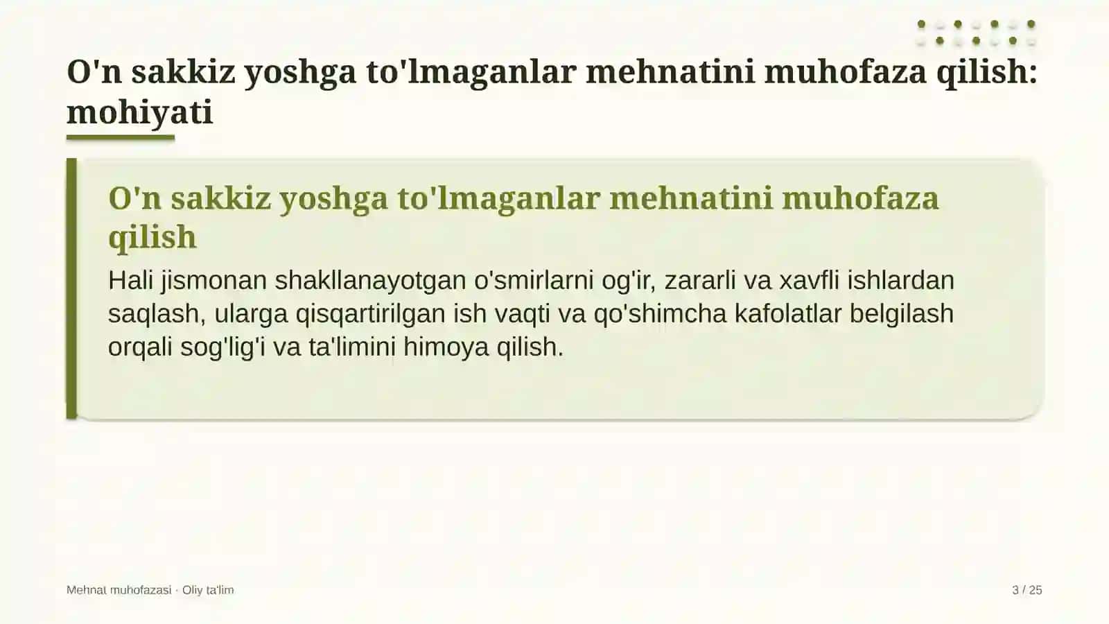 echkichilikda o'n sakkiz yoshga to'lmagan xodimlar mehnatini muhofaza qilish 3166 3