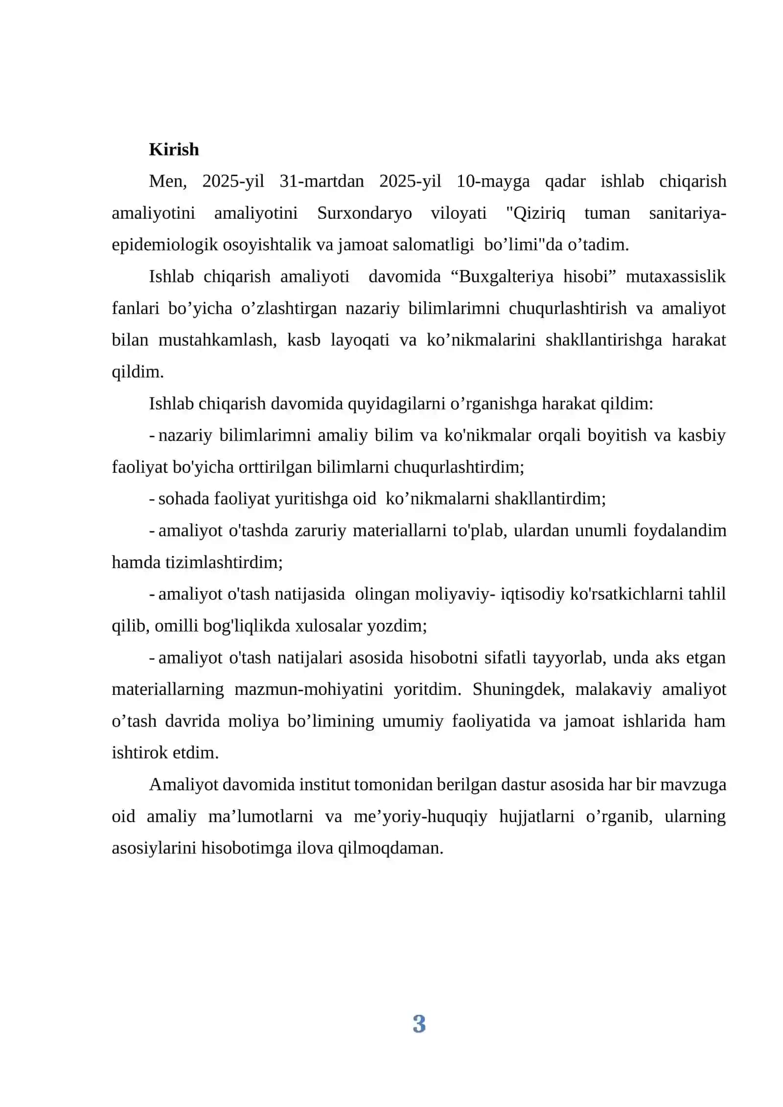 Byudjet hisobi va nazorati faoliyatini tashkil etish amaliyot hisoboti. 3