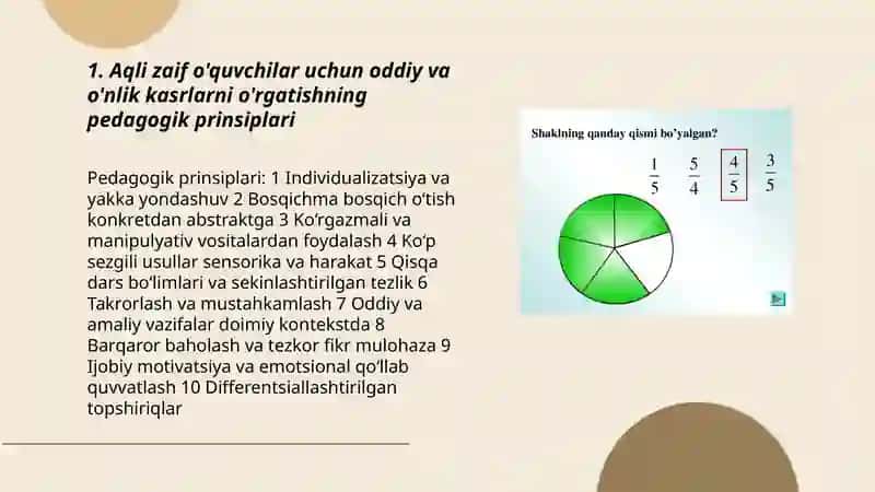 Aqli zaif o'quvchilarga matematikadan oddiy va o'nlik kasrlarni o'rgatish 3