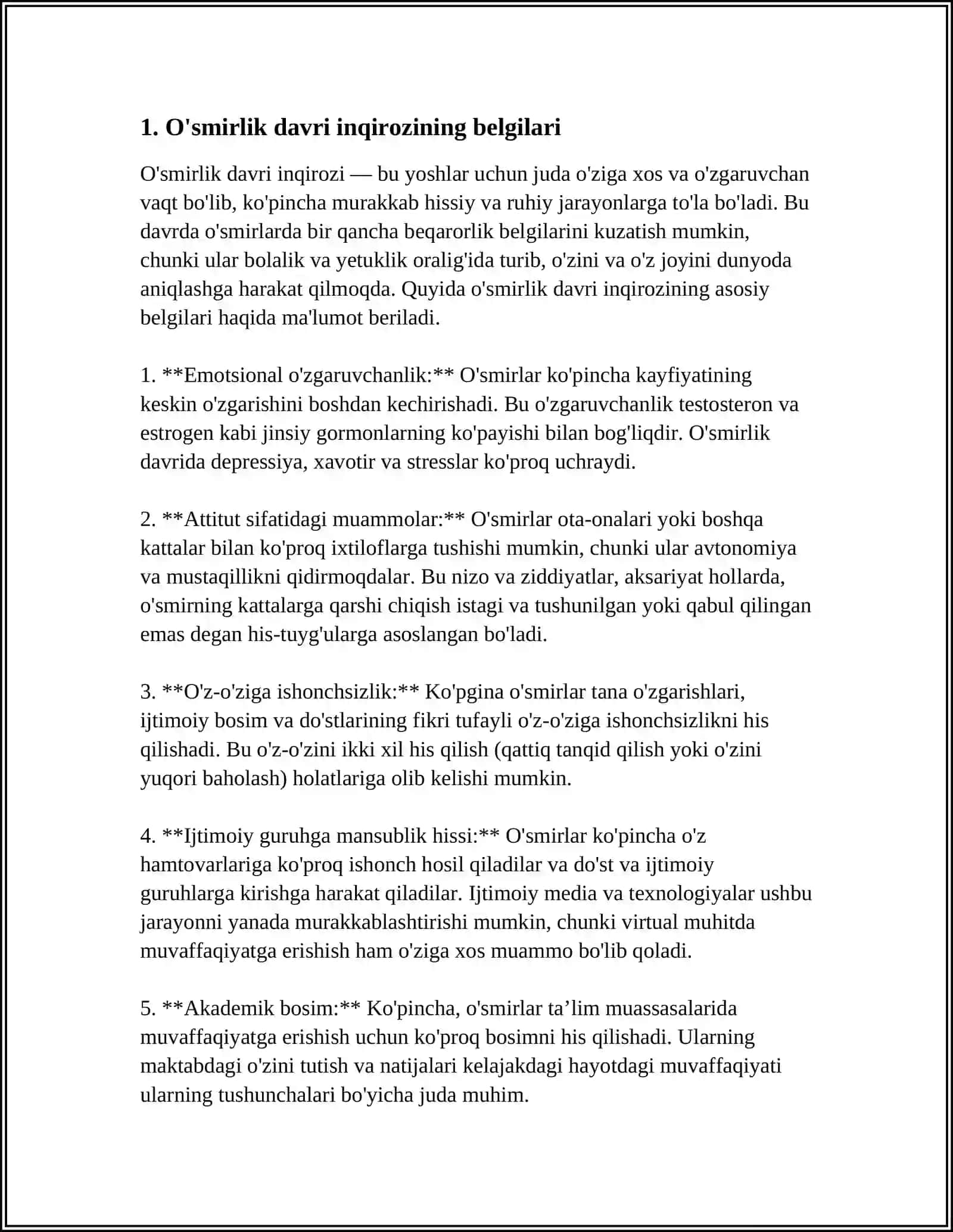 O‘SMIRLIK DAVRI INQIROZI VA UNING PSIXOLOGIK, PSIXOFIZEOLOGIK SABABLARI 3