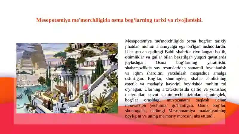 Mesopatamiya me'morchiligada osma bogʻlar va ularni shaharsozligida tutgan oʻrni 3