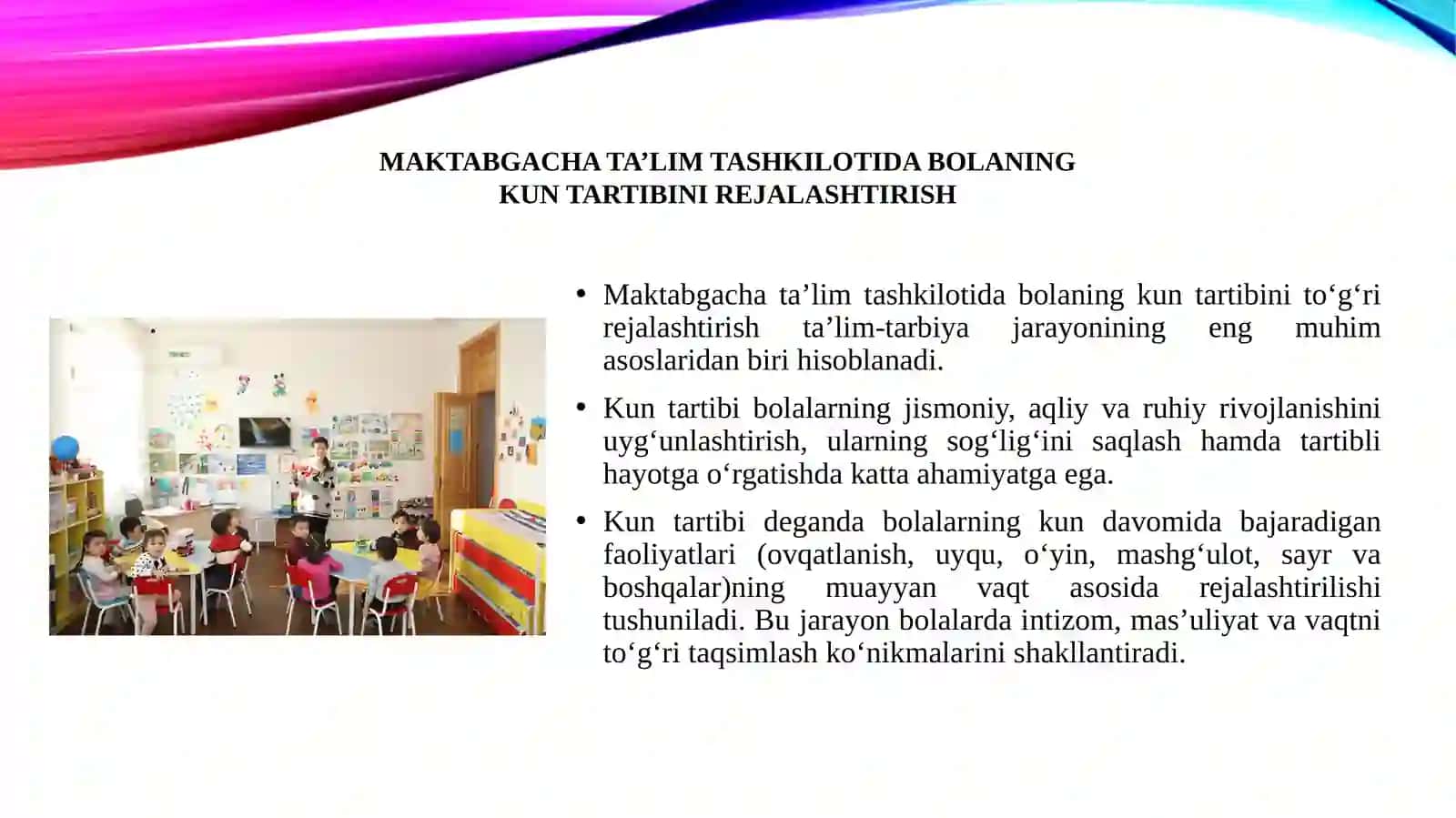 Maktabgacha ta'lim tashkilotida bolaning kun tartibini rejalashtirish 3