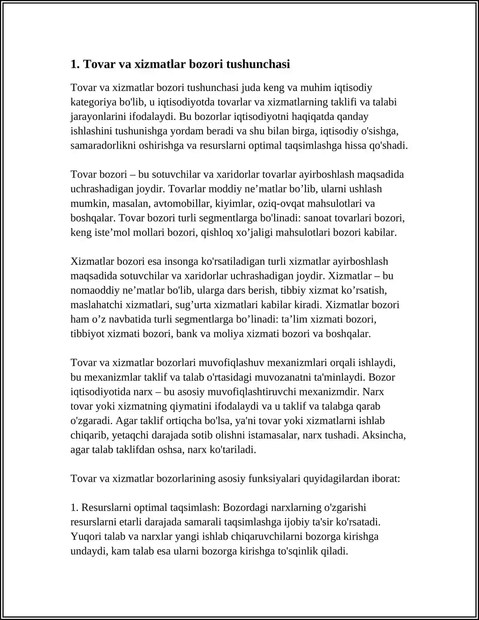 MUSTAQIL ISH Mavzu: TOVAR VA HIZMATLAR BOZORI 3