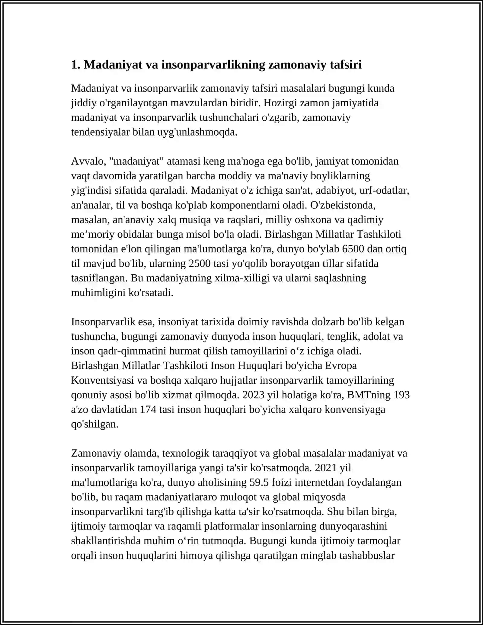 MADANIYAT BILAN UYG’UNLIK TAMOYILI. INSONPARVARLIK TAMOYILI 3