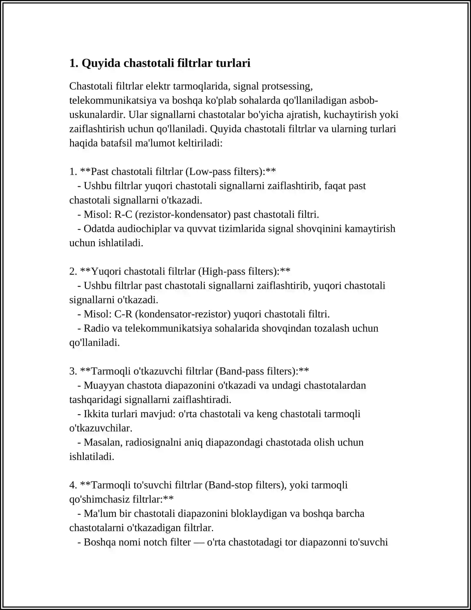 MUSTAQIL ISH Mavzu: QUYI CHASTOTALI FILTRLAR 3