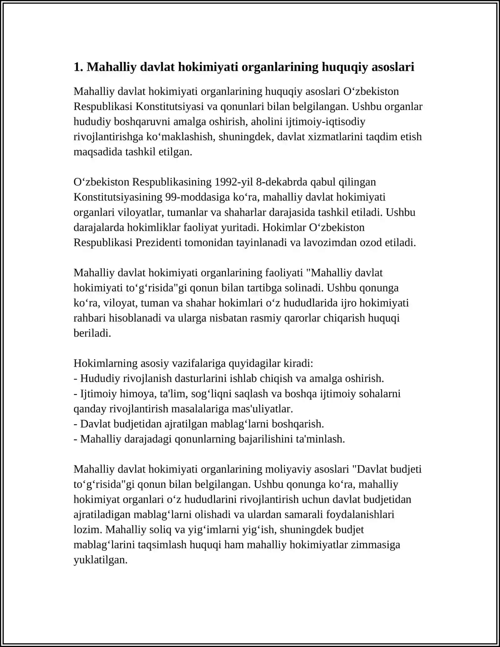MUSTAQIL ISH Mavzu: MAHALLIY DAVLAT HOKIMYAT ORGANLARI TIZIMI, VAZIFASI 3