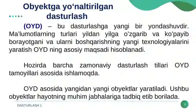 OBYEKTGA YO'NALTIRILGAN DASTURLASH TUSHUNCHASI 3