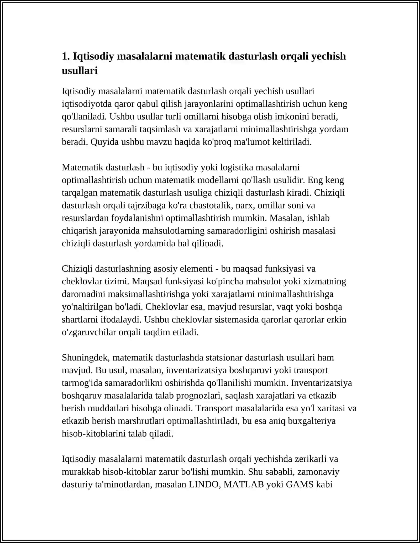 IQTISODIY MASALARNING MAQBUL YECHIMINI ANIQLASHDA MATEMATIK DASTURLASH, O‘YIN NAZARIYASI VA NAZARIY XIZMAT KO'RSATISH USULLARINING QO‘LLANILISHI 3