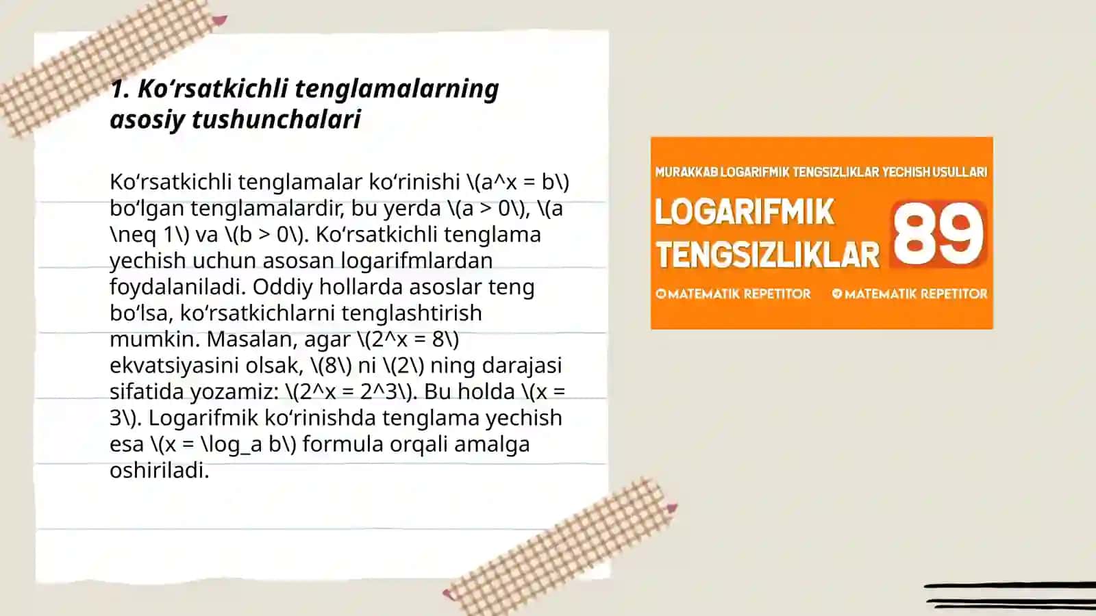Koʻrsatkichli tenglamalar va logarifmik tenglamalar 3