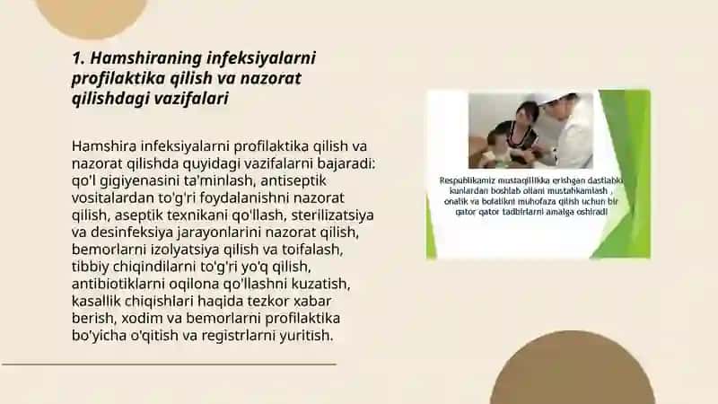 Tibbiy muassasalarda hamshiraning aholi salomatligini saqlash,mustahkamlash,ularni yanada yaxshilashga qaratilgan profilaktik tadbirlar oʻtkazish boʻyicha asosiy vazifalar 3