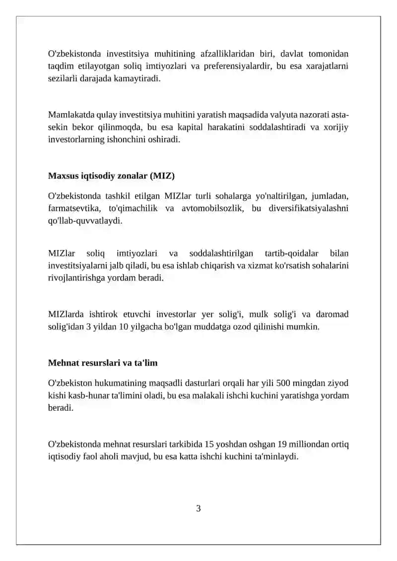Xorijiy investorlar va investitsiyalar uchun qulay rejimi 3