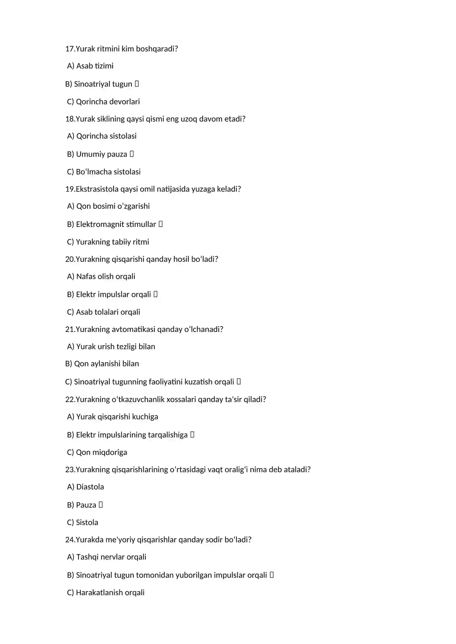 Yurak fiziologiyasi test savollari 3