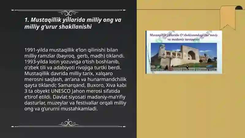 Mustaqillik yillarida Oʻzbekistondagi ma'naviy va madaniy taraqqiyot 3