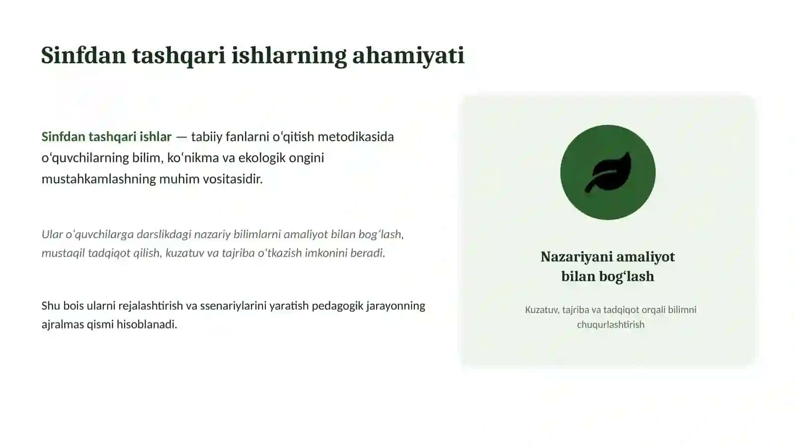 Mavzu: Tabiiy fanlarni o‘qitishda sinfdan tashqari ishlarni tashkil etish 3