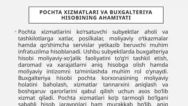 Pochta xizmatlarini ko'rsatuvchi subektlarda buxgalteriya hisobi 3